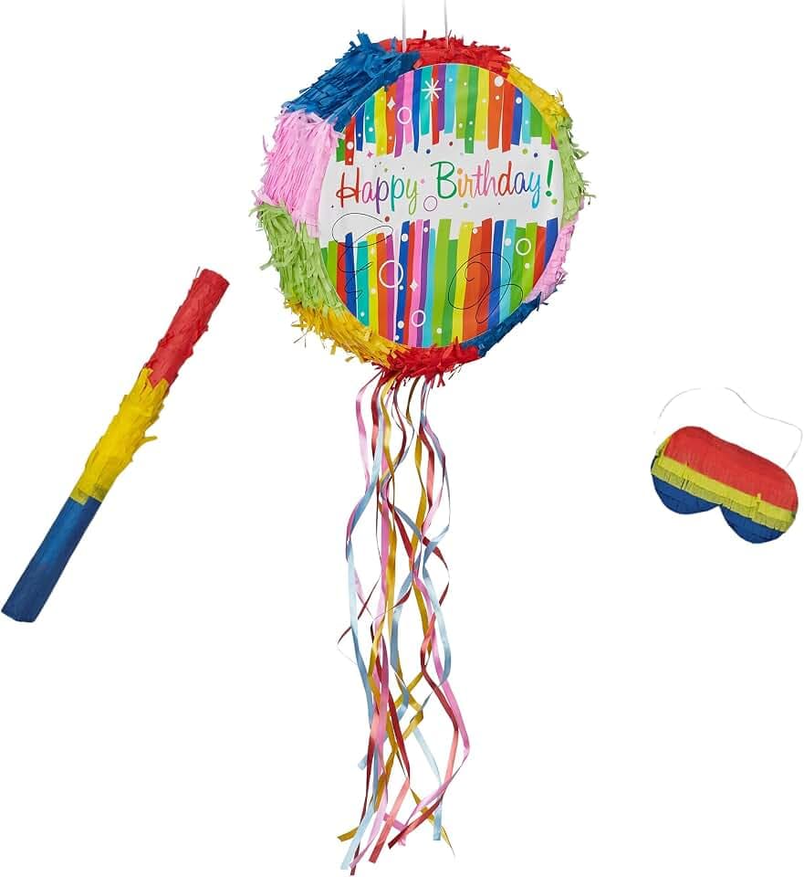 Relaxdays Pinata Geburtstag, mit Stab & Maske, Partypinata für Kinder, Geburtstag, zum Befüllen, HxD: 32 x 9 cm, bunt
