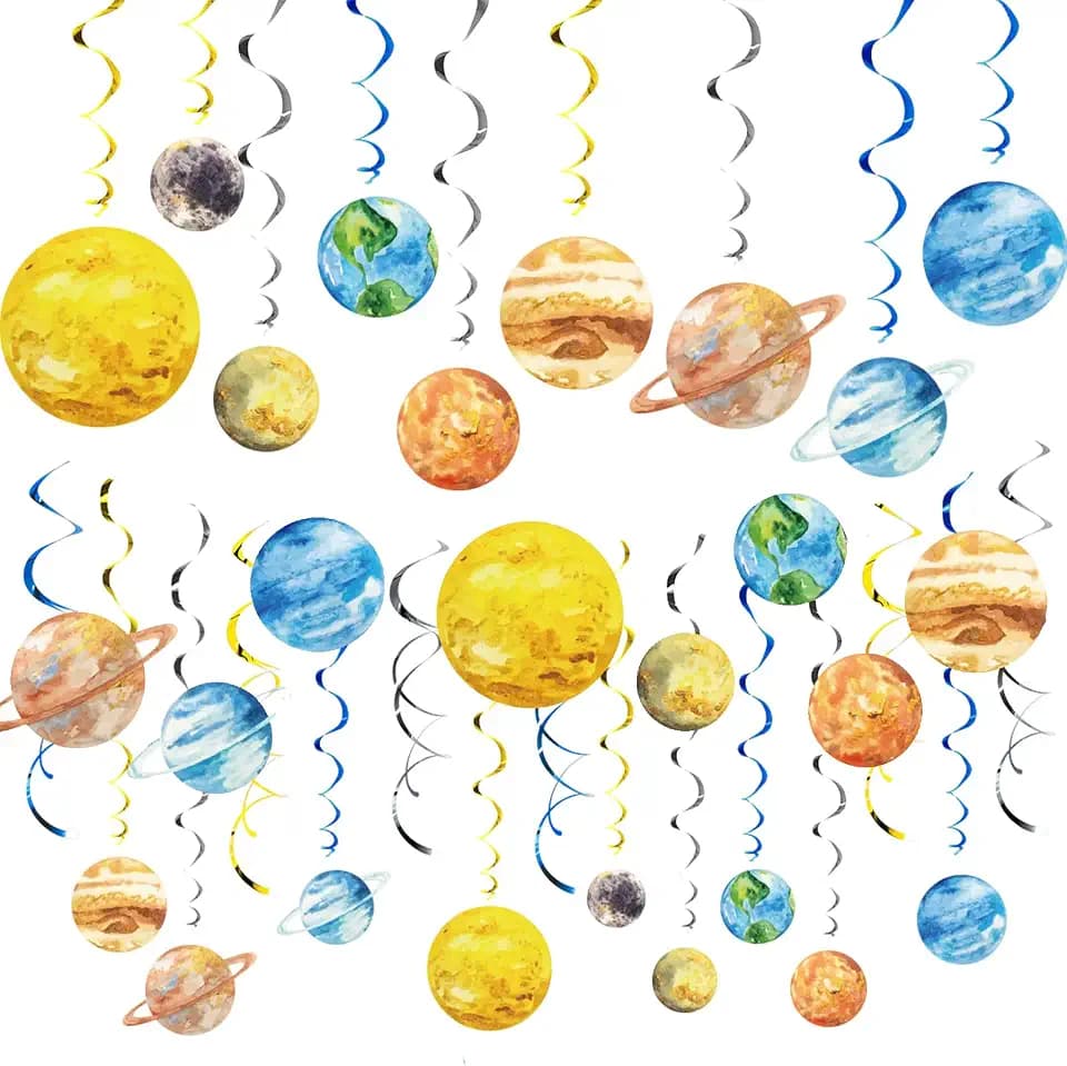 We Moment Solar System Hanging Swirls-48 Pcs Outer Space Party Decorations, Blue Gold & Silvery, Featuring Sun, Saturn Designs for Space Themed Birthday or Baby Shower Supplies
