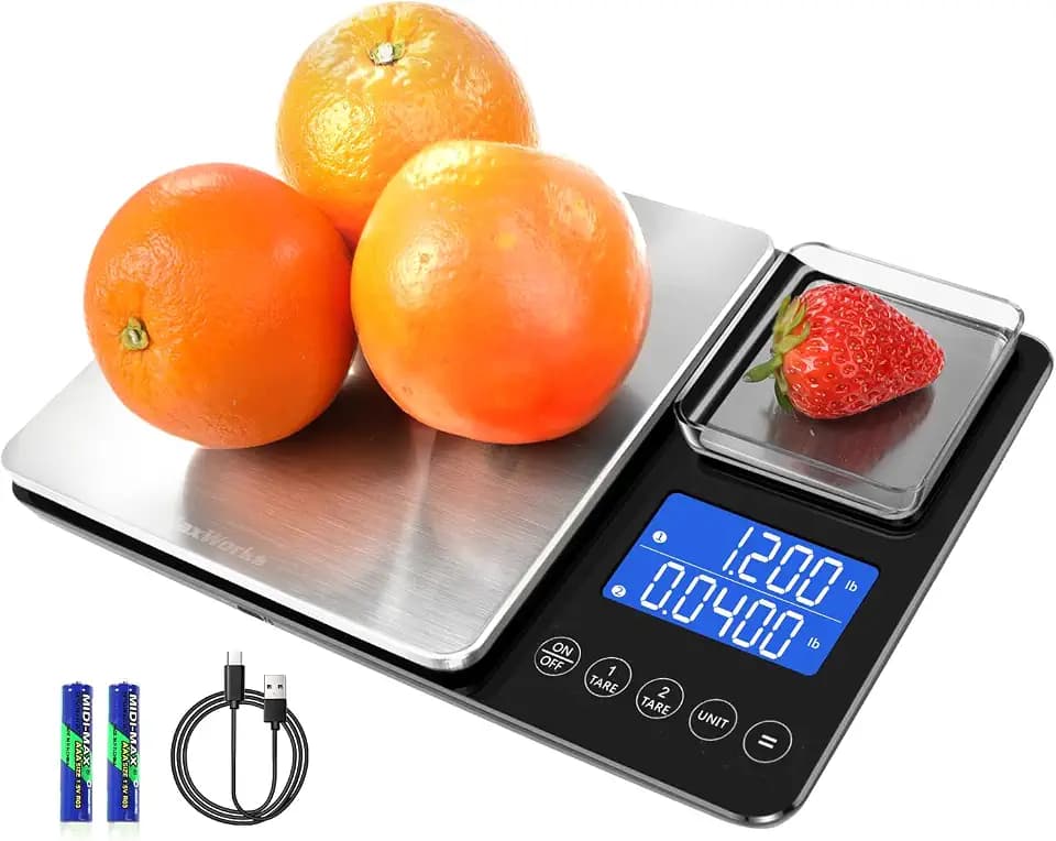 MaxWorks Precision Dual Platform Kitchen Scale Measure Bulk and Fine Ingredients Simultaneously 22 lb Max Capacity Stainless Steel and Glass Digital Scale with USB Charging and 2 Way Power (51069)