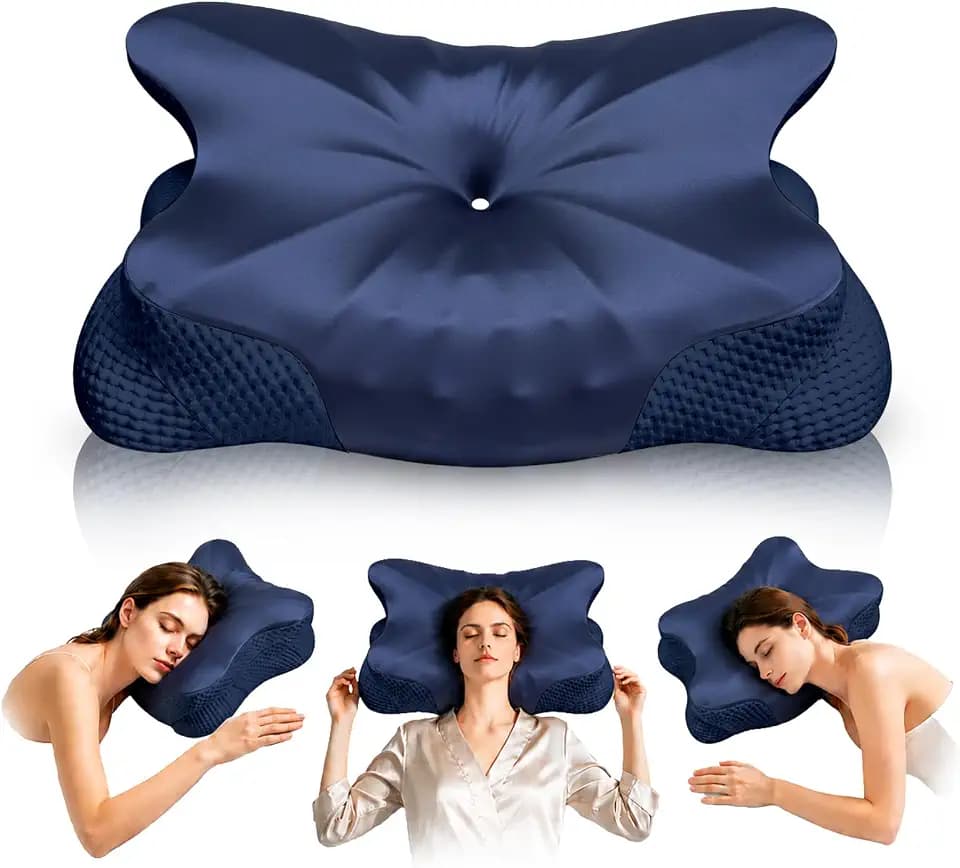 Ergonomisches Kopfkissen - Zwei Höhen Seitenschläferkissen mit Kühlender Eisseide-Bezug, OEKO-TEX STANDARD 100 Memory Foam Nackenkissen für Seiten, Rücken & Bauchschläfer, Mitternachtsblau