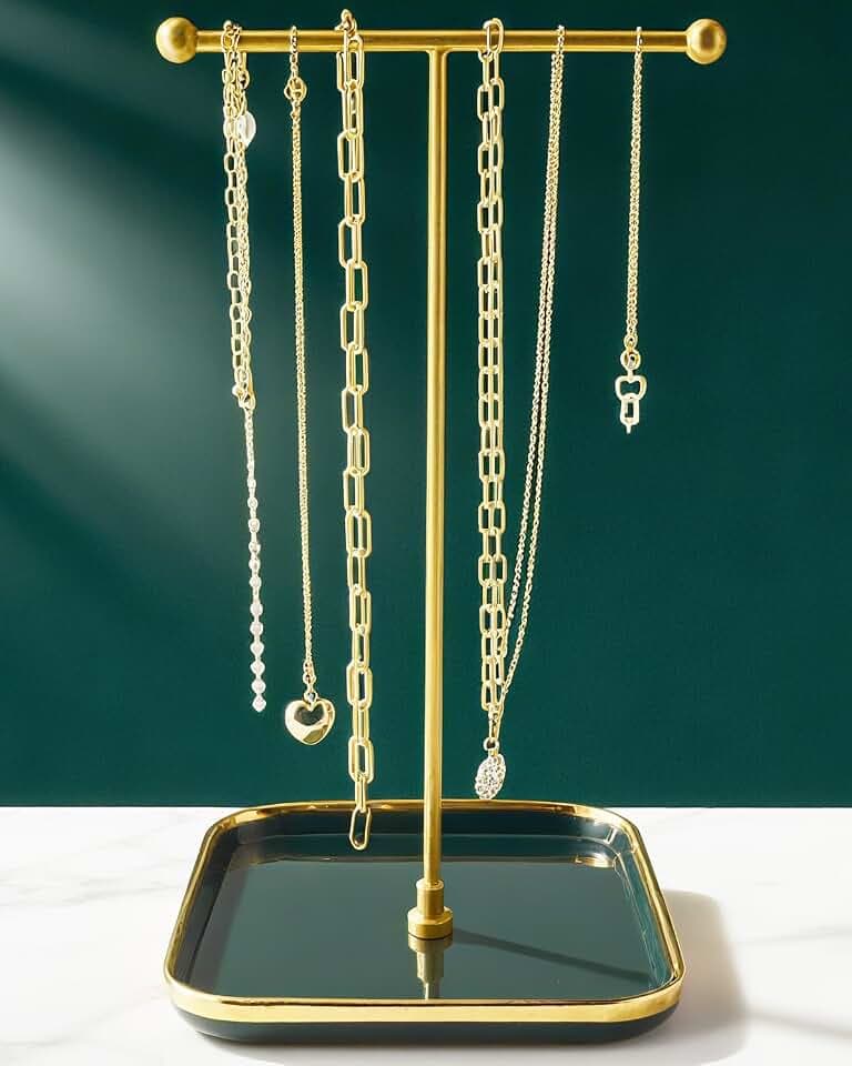 VROOMIUM Halskettenhalter - Keramiksockel 0,3 m Höhe, Schmuck-Organizer-Ständer, ästhetischer Schmuckaufhänger für Halsketten, Armbänder, Ringe, Aussteller-Halsbänder, elegantes Grün