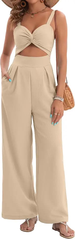 AGERWAY Womens Summer Jumpsuits Dressy Sexy V Neck Twist One Piece Outfits Sleeveless Casual Wide Leg Long Pant Rompers