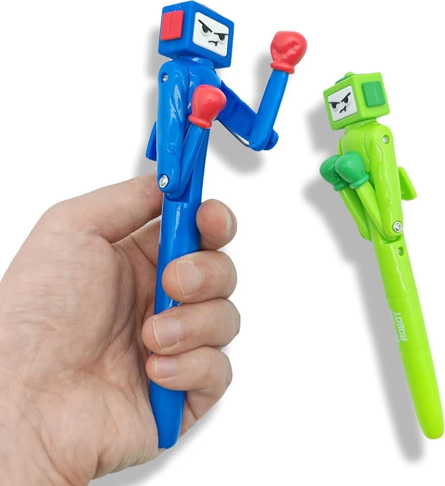 Boxing Pen Robot - (2PCS) with Punching Arm and Crisp Button Sound - Funny and Cool Novelty Pen - Boxing Gifts - Blue/Green Colors - 1.0mm Smooth Writing