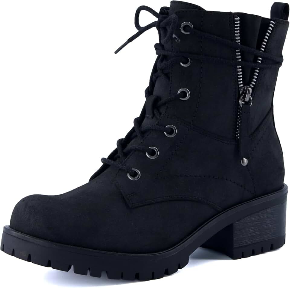 Dunes Women's Kobe Heeled Combat Boots – Lace-Up with Side Zipper, Memory Foam Insoles, Faux Fur Lining, Vegan Nubuck Leather, Wide Widths Available