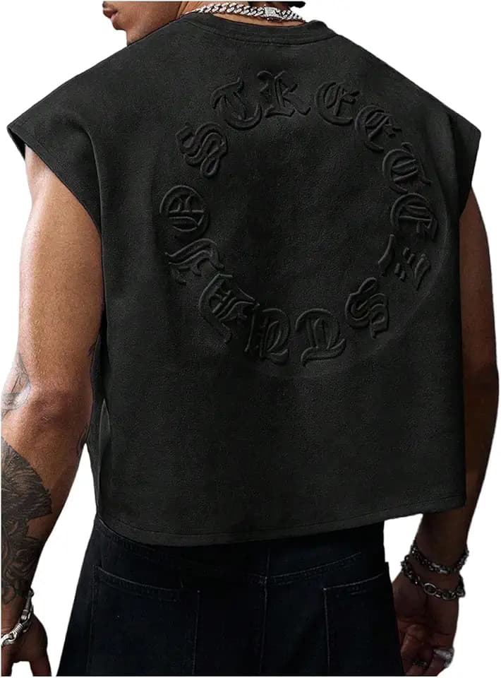 SHENHE Men's Letter Embossed Cropped Tank Top Y2k Sleeveless Crewneck Street Shirts