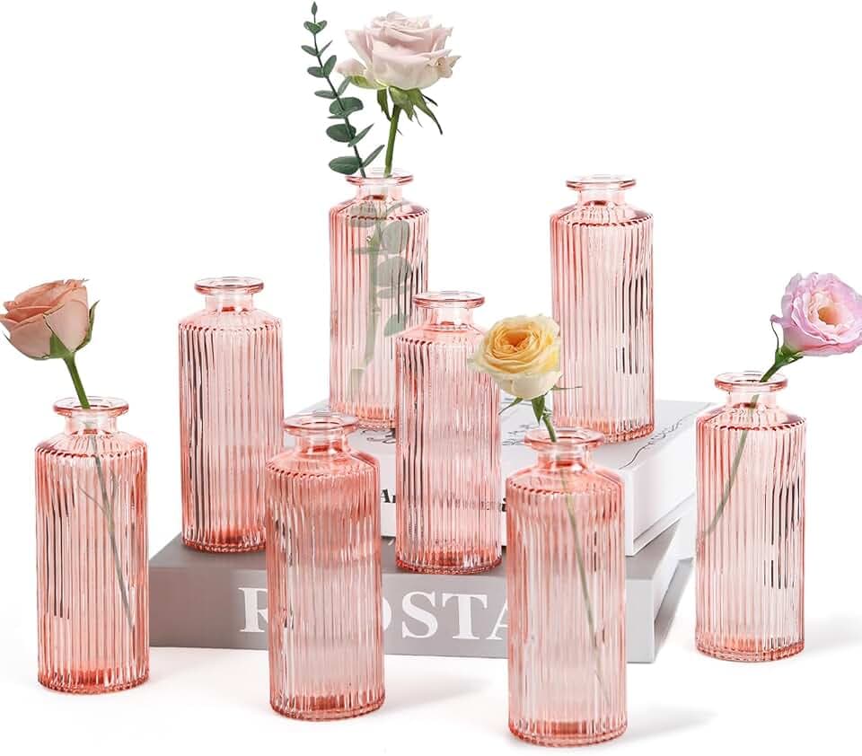 Kleine Vasen, 8 Stück Glasvasen für Tischdeko Mini Vasen Glasfläschchen für Zuhause, Hochzeiten, Geburtstage, Feste (Rosa Vertical)