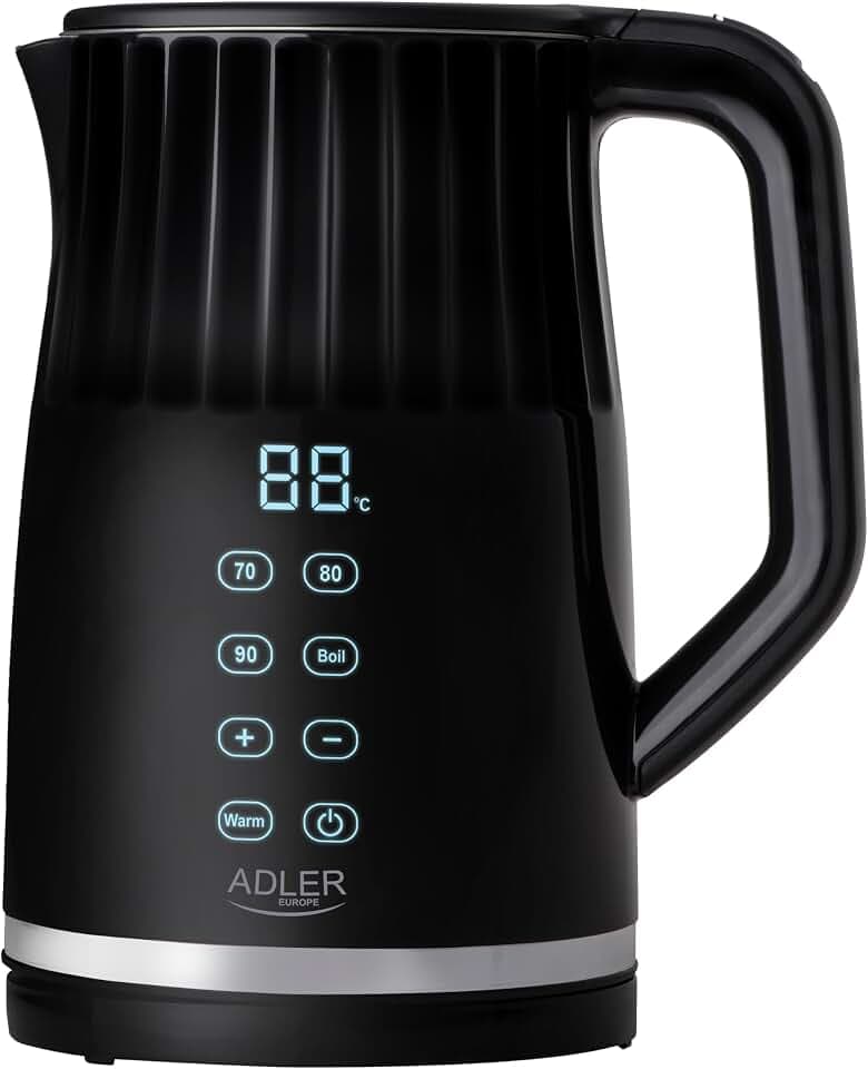 Adler AD 1350 Wasserkocher 1,7 l mit Temperatureinstellung 40-100°C 2200W, 2h Warmhaltefunktion, Doppelwandig Cool-Touch, LED-Display Schwarz