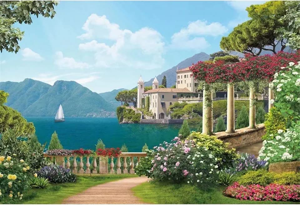 shensu Vinyl 5x3ft Italian Coast Scenic Backdrops for Photography Seascape Garden Colorful Flowers Villa Travel Vacation Holiday Photo Background Kids Adults Wedding Photo Portrait Studio Props
