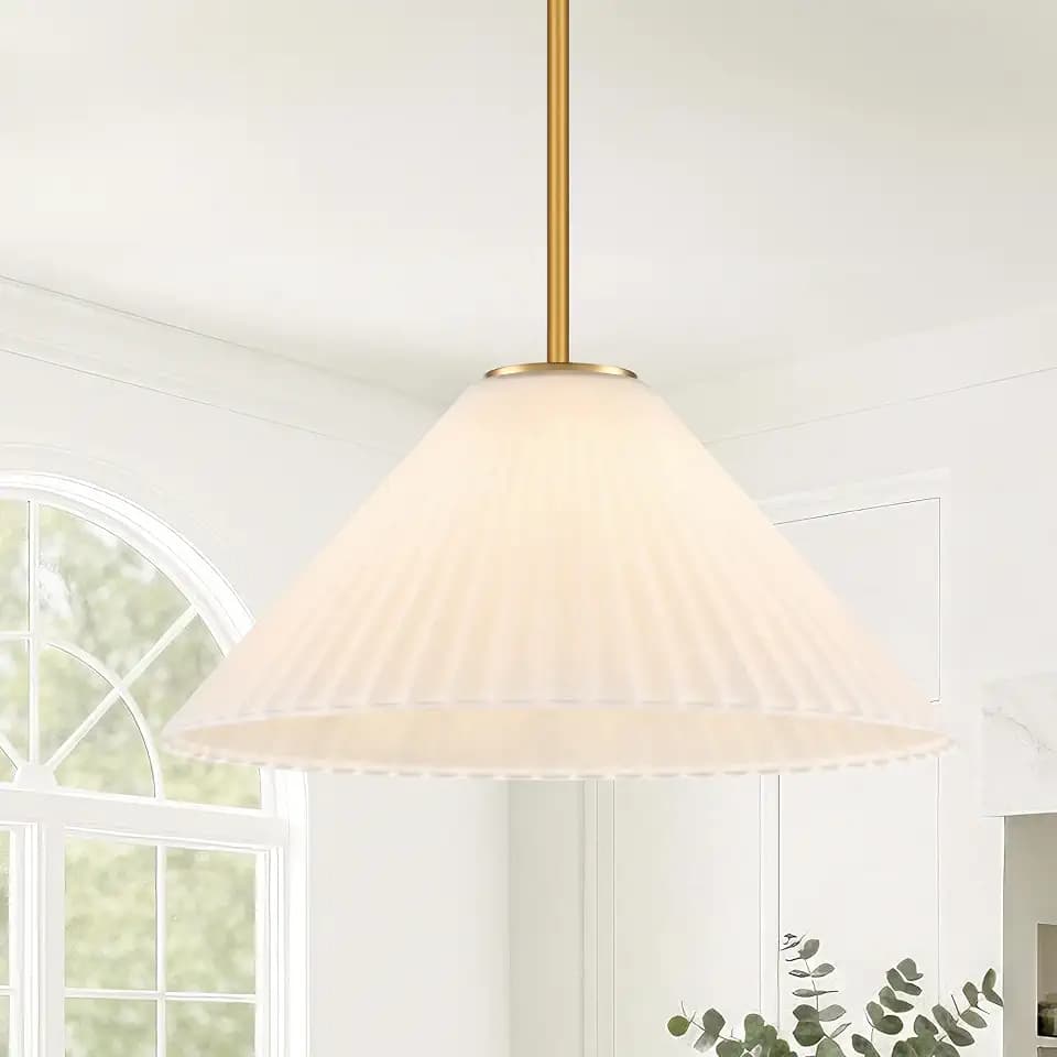 15.7 Inch Modern Pendant Lights, Ribbed Milk Glass 1-Light Single Pendant Lighting Fixtures, White Cone Mid Century Ceiling Hanging Light for Kitchen Island Dining Room Over Sink Table Hall
