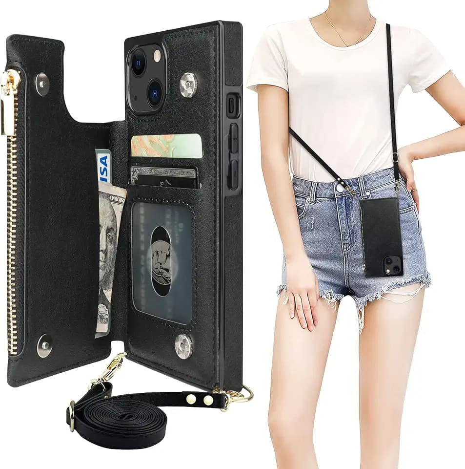 Bocasal Crossbody Wallet Case with Strap for iPhone 13/14, Black