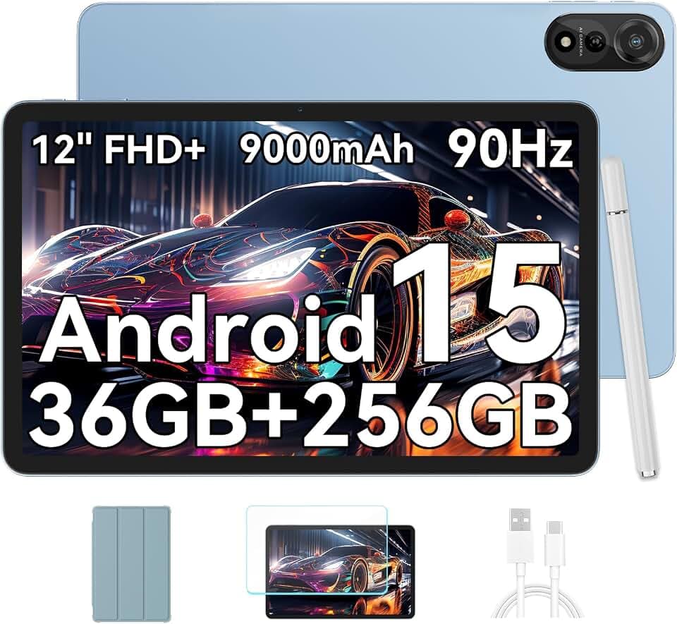 Blackview Mega2WiFi Tablet 12 Zoll Android 15, 2K 90Hz FHD Gaming Tablet mit Stift, 36GB RAM + 256GB ROM(2TB TF), WiFi6, Octa-Core 2.0GHz, 9000mAh/16MP+8MP/Bluetooth 5.2/Widevine L1/Face ID/GMS