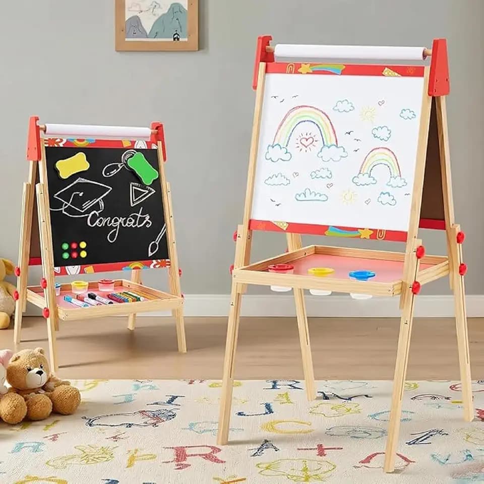 DUMOS Kids Art Easel, Chalkboard & Whiteboard, Paper Roll, Ages 3+, Red