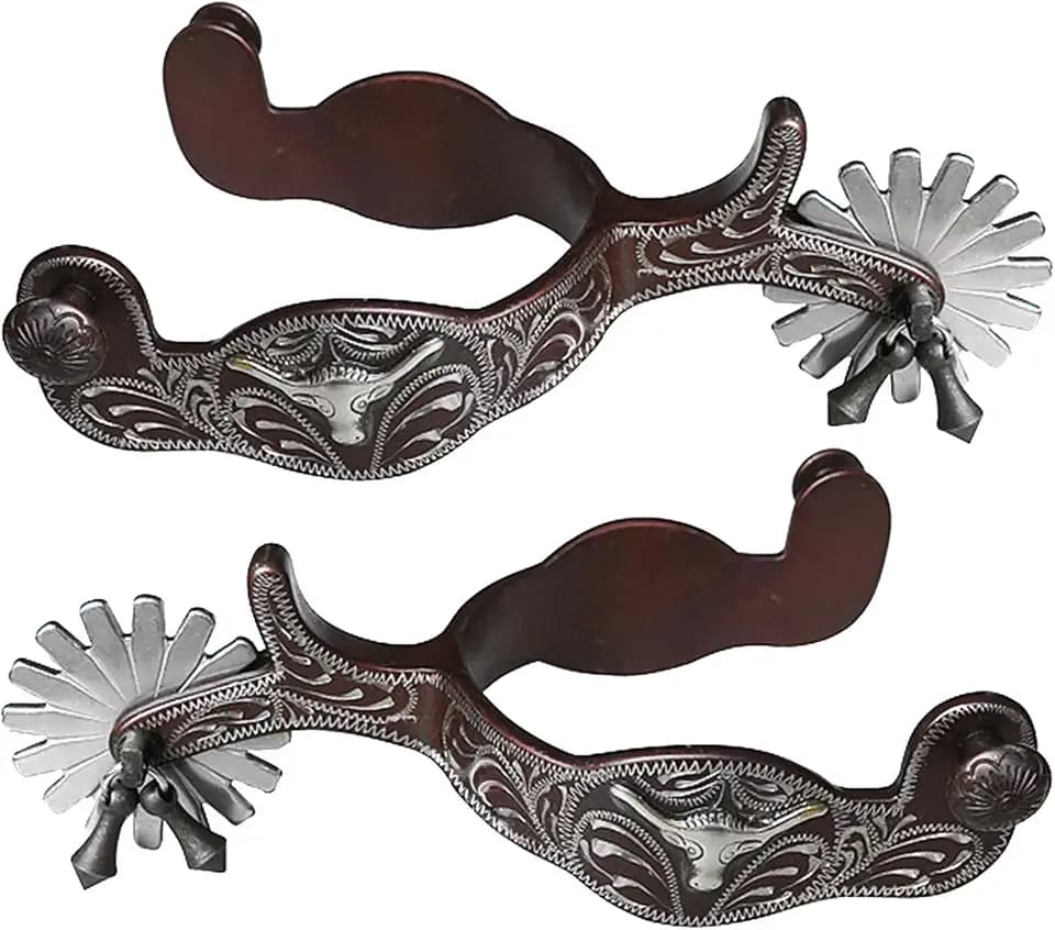 Western Antiqued Spurs with Silver Engraved Trims Rowel Jingle Bobs