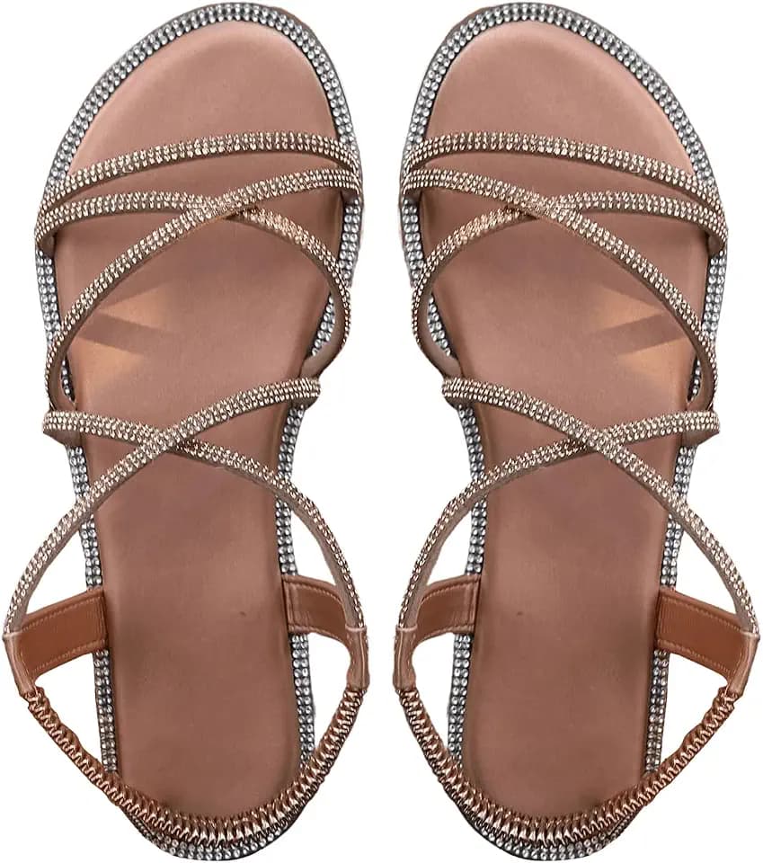 OYOANGLE Women's Rhinestone Sparkly Strappy Sandals Glitter Flat Sandals