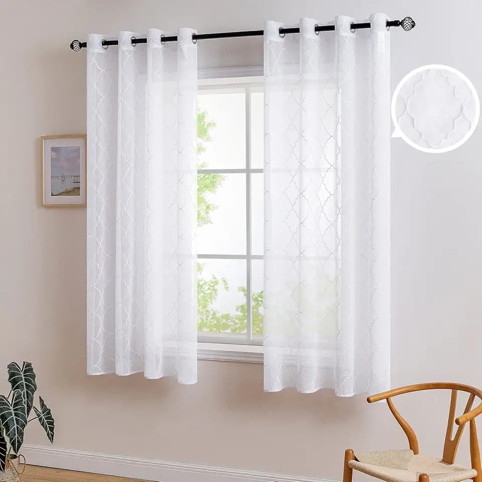 MIULEE Gardinen Kurz Marokko Vorhang mit Ösen 2er Set M-Weiß 140x145cm