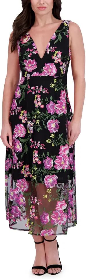 Siena Women's Sleeveless V-Neck Embroidered Mesh A-line Maxi Dress