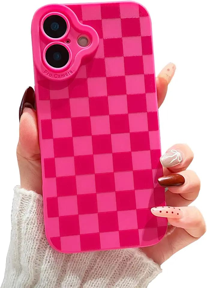 Plaid Pattern Phone Case,for iPhone 16(6.1”) Hot Pink