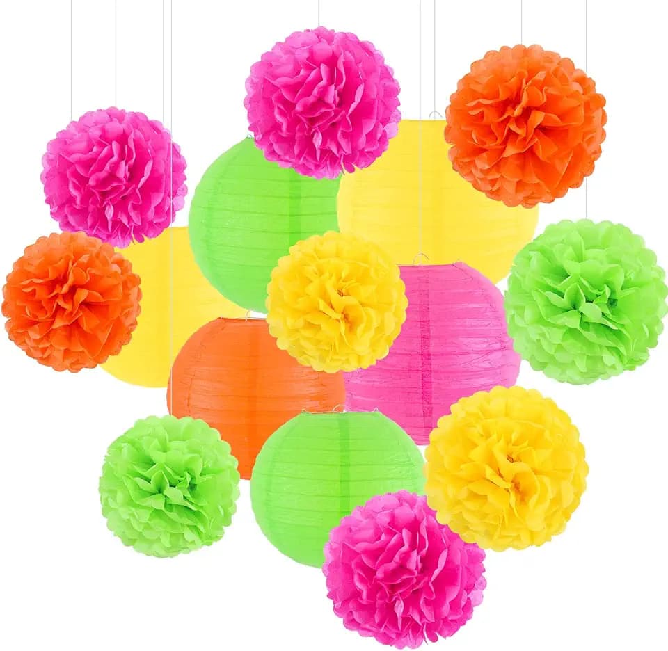 zilue Paper Lanterns and Paper Pom Poms Glow Party Decorations 15pcs