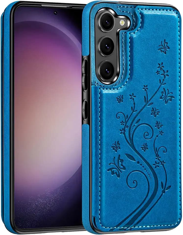 Korecase Wallet Case for Samsung Galaxy S25 Plus with Card Holder, PU Leather Butterfly Flower Back Flip Cover for Women, Shockproof Kickstand Protective Phone Case, Blue