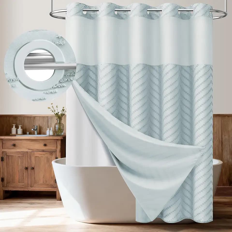 Dynamene Fog Blue Hook Free Double Shower Curtain Set with Snap Liner,72x75