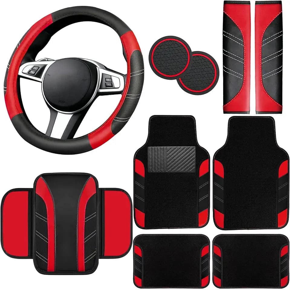 NBTEPEM 10 Pcs Red Car Floor Mats Full Set & Sport Leather Red Steering Wheel Cover 14.5-15 inch, Center Console Cover, Seat Belt Cushion, Cup Holder Coaster, Universal Automobile Interior Sets