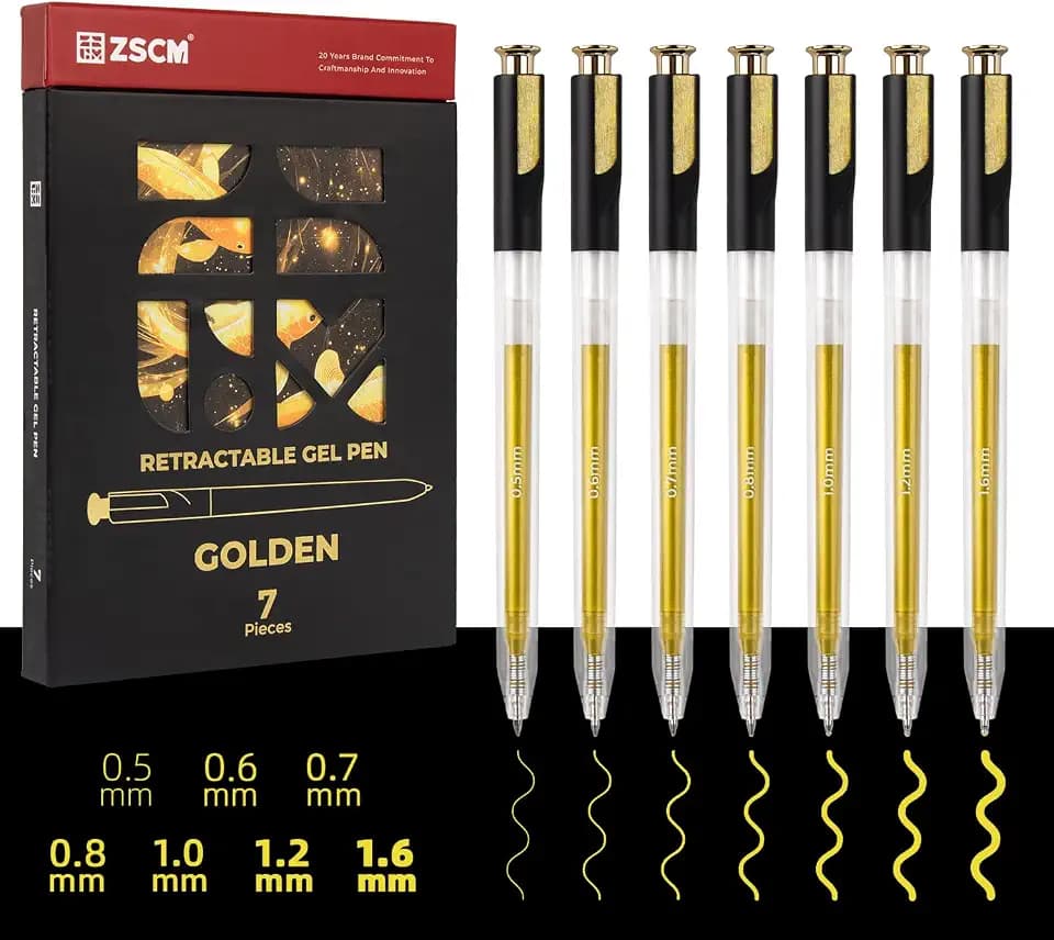 Retractable Gold Gel Pen, 7 Nib Sizes - Precision Large Capacity Opaque Gold Archival Gel Ink Pens, Fine Point Smooth Writing Highlighter Pens for Black Paper Note Taking Aesthetic Art Supplies