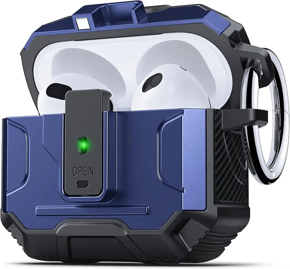 DASFOND Armor Cover AirPods 3 Generation Case, Military Grade Full Body Shockproof Protection Hard Case, Support Wireless Charging with Keychain, Magnetic Lid, Front LED Visible, Blue
