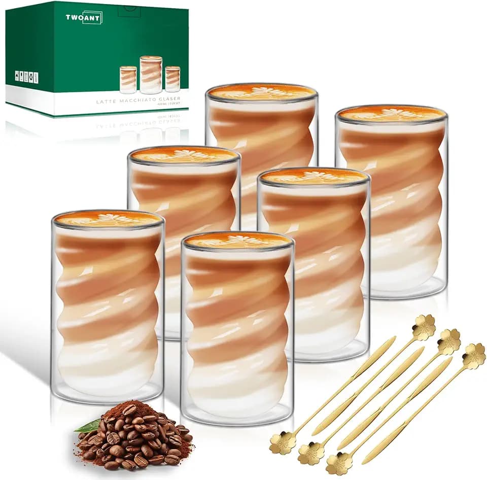 Latte Macchiato Gläser Twill Doppelwandig 400ml 6er Pack mit 6 Löffeln Doppelwandige Kaffeegläser Cappuccino Tassen Glas Spiralförmig Thermogläser Teegläser aus Borosilikatglas