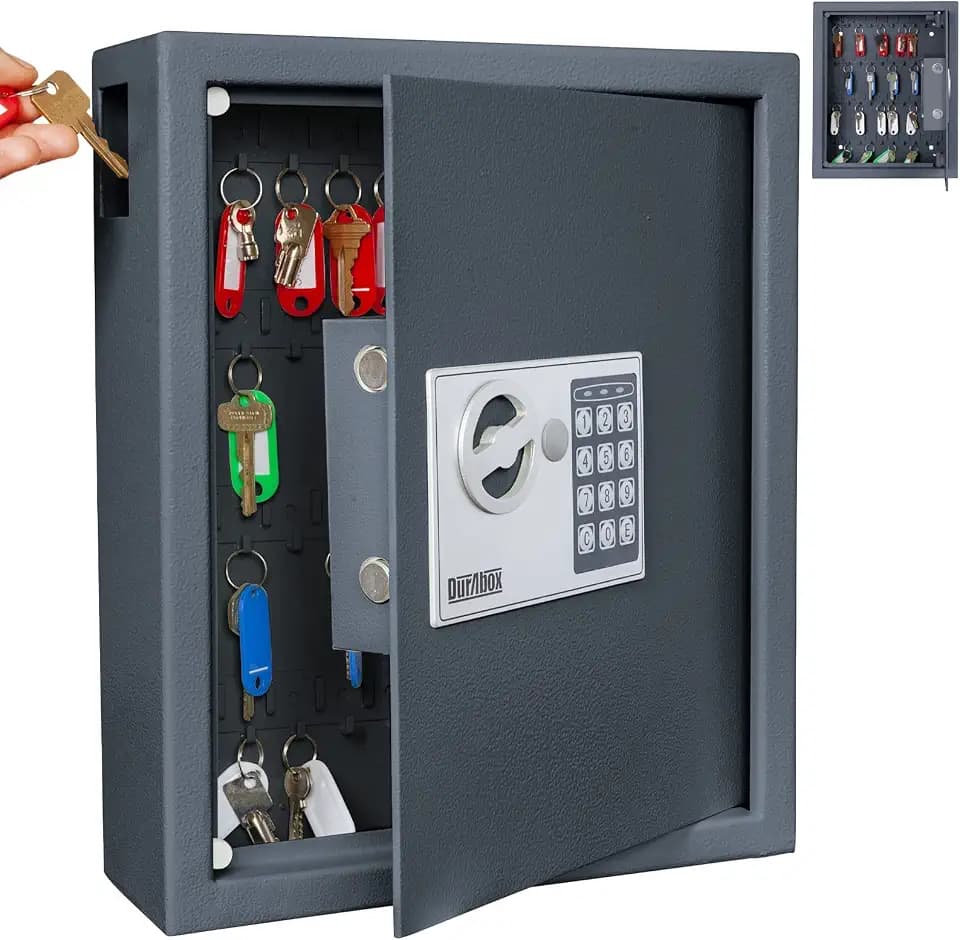 DuraBox 40 Keys Cabinet with Digital Lock - Electronic Key Safe, Steel Lock Box with Drop Slot for Key Returns and Safe Storage - Wall Mountable Key Lock Box with Bolts, Key Tags (Dark Grey)