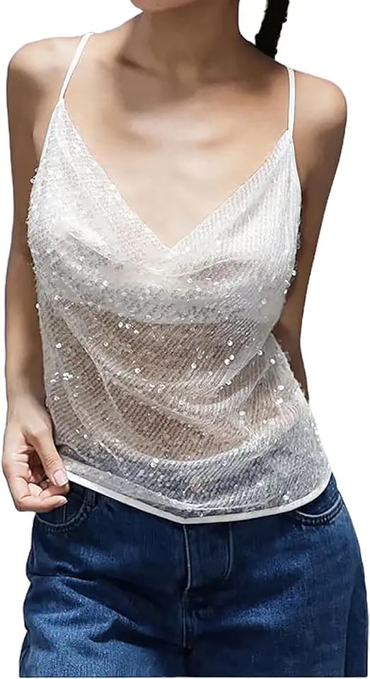 SHENHE Women's Sequin Sheer Mesh Spaghetti Strap Tops