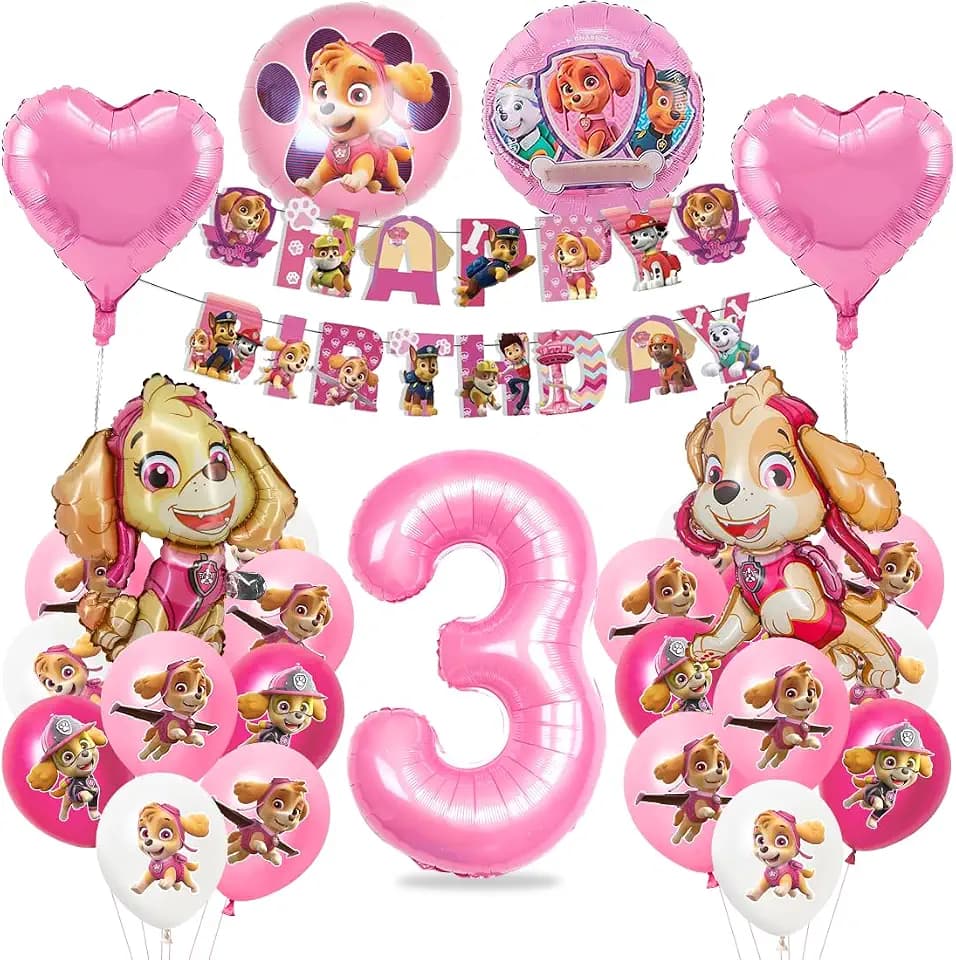 Deko 3. Geburtstag Mädchen, Dog Patrol Geburtstagsdeko, Sky Luftballons 3 Geburtstag, Hund Patrol Ballons, Folienballon Zahl 3, Happy Birthday Banner für 3 Jahre Kindergeburtstag Partydeko