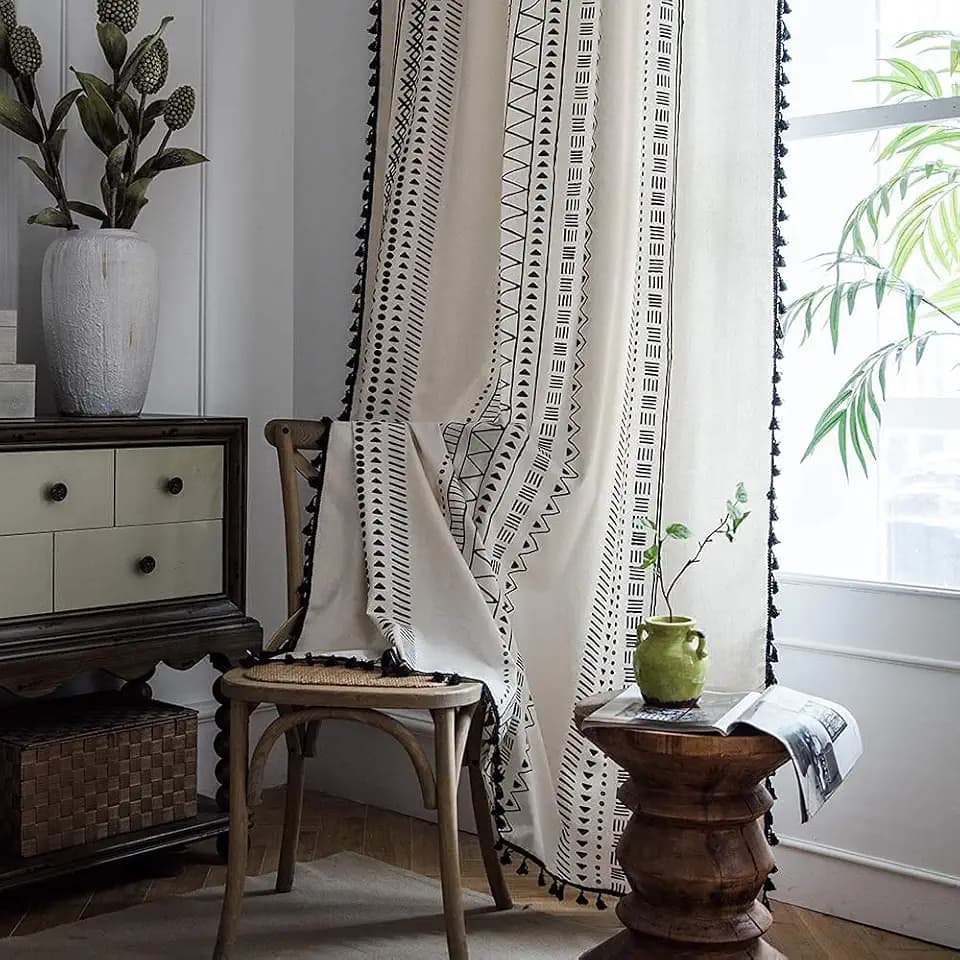 Geometrische halbe Verdunkelungsvorhänge 1 Panel Boho Leinen Raumverdunkelungsvorhänge Quastenmuster Stangentaschenvorhänge für Küche Wohnzimmer Schlafzimmer (Geometrisch, B150×H220cm)