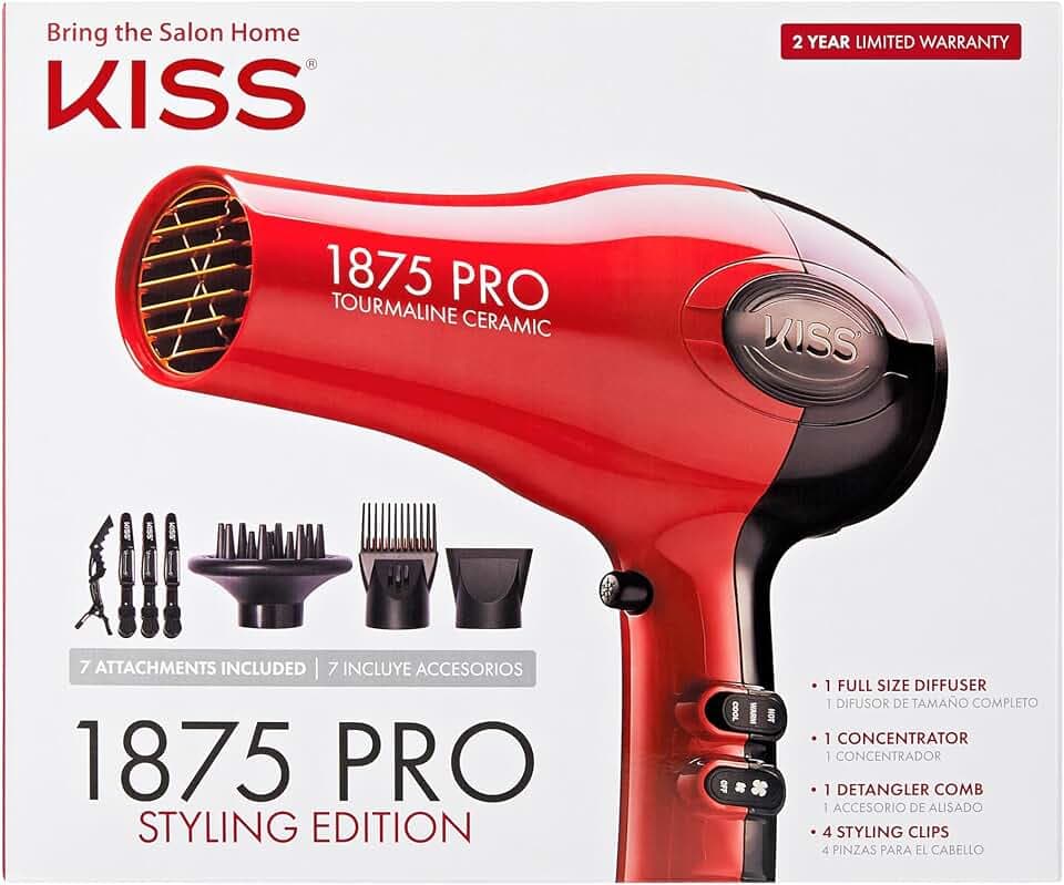 Kiss 1875 Watt Pro Tourmaline Ceramic Hair Dryer, Styling Edition, 3 Heat Settings, 2 Speed Settings, Cool Shot Button, 7 Blow Dryer Accessories Included, 2-Year Warranty - Red