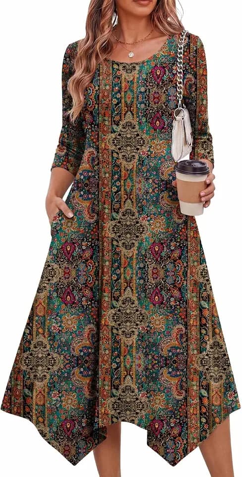 Zeagoo Midi Dresses Women 2026 Dress 3/4 Sleeve A Line Casual Dresses with Pockets