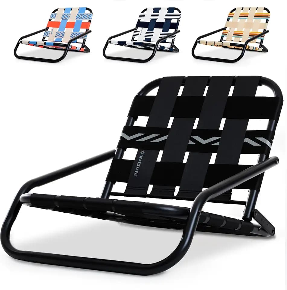 WOVN Low Beach Chairs - Premium Folding Beach Chair for Adults - Low Profile, Super Lightweight with Portable Shoulder Strap - Great for Sand and Lawn - Black