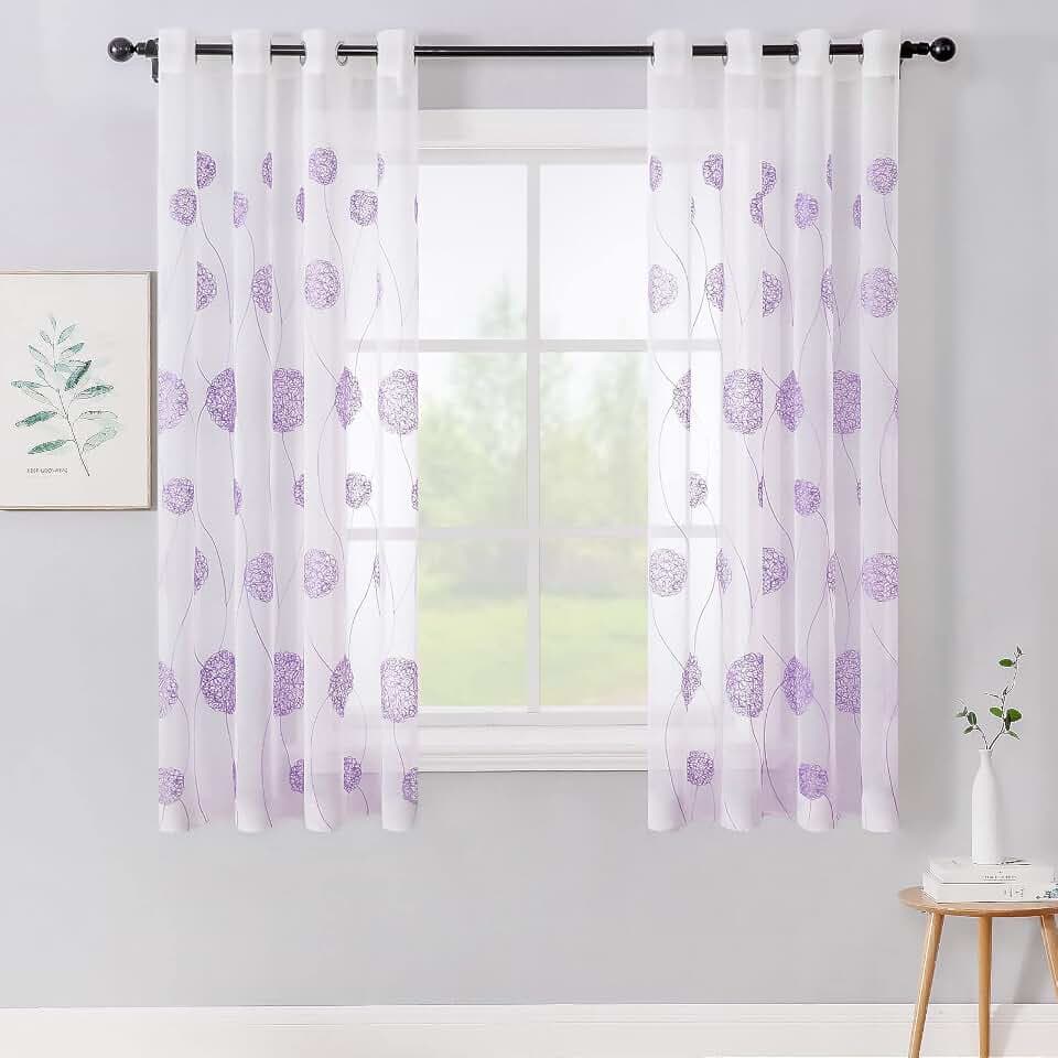 MIULEE Vorhänge Florale Stickerei Lila, Gardinen Weiß 2er Set 140x175cm