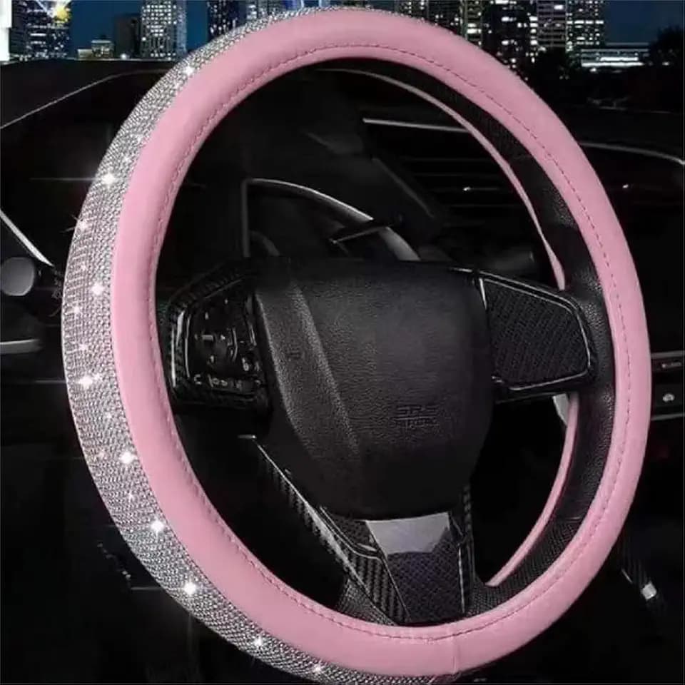 Bling Rhinestone Steering Wheel Cover, Pink Leather Anti-Slip Breathable, Universal Fit 14.5-15 Inch for Women
