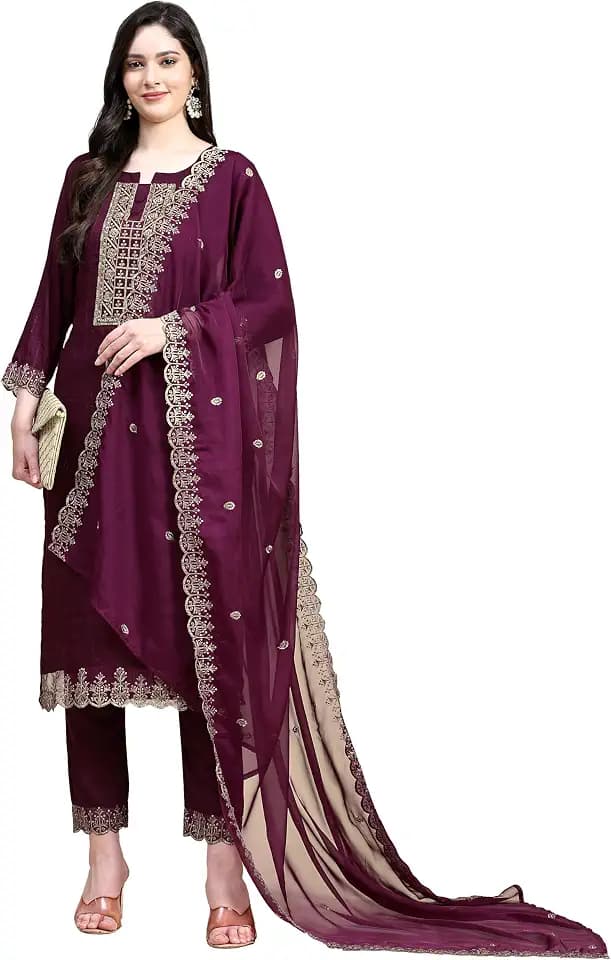 Trendmalls Damen Baumwolle Stickerei Salwar Anzug Set Kurta Hose mit Dupatta Lila Kurta Set für Frauen