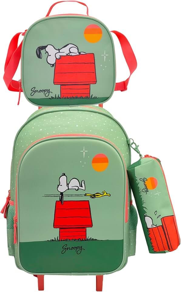 CYPBRANDS Snoopy Funktionales Trolley-Set, für Schule, Reisen, 3-teilig, Lunchbox, Grün, offizielles Produkt