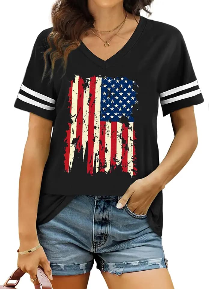 American Flag Shirts Women Patriotic Shirt 4th of July Tee Tops V-Neck Short Sleeve Summer T-Shirt