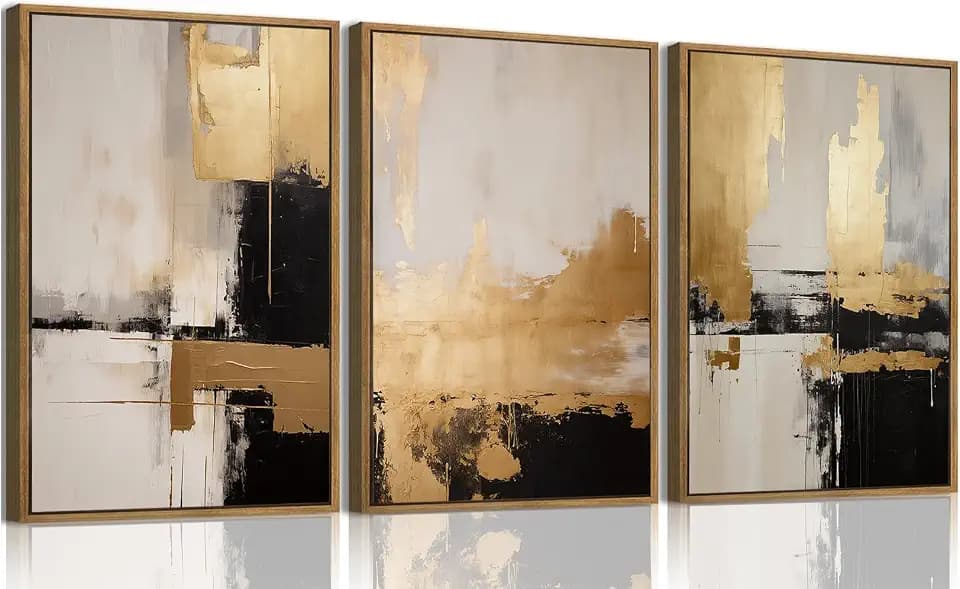 KISSFOX 3 Piece Framed Wall Art Abstract Wall Decor Black Gold Textured Pictures Modern Minimalist Canvas Art Large Luxury Paintings Artwork For Living Room Bedroom Office