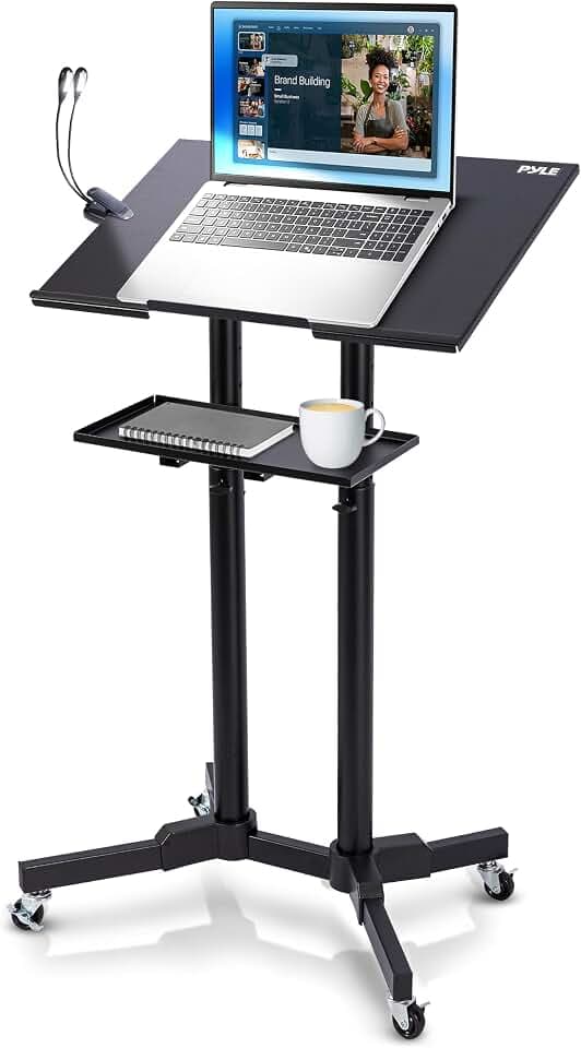 Pyle Lectern Podium Stand | Adjustable Height Top Shelf, Bottom Shelf w/Smooth Rubber Wheels & Metal Brakes | Mobile Standing Desk w/LED Light for Classrooms & Presentations | Portable Rolling Table