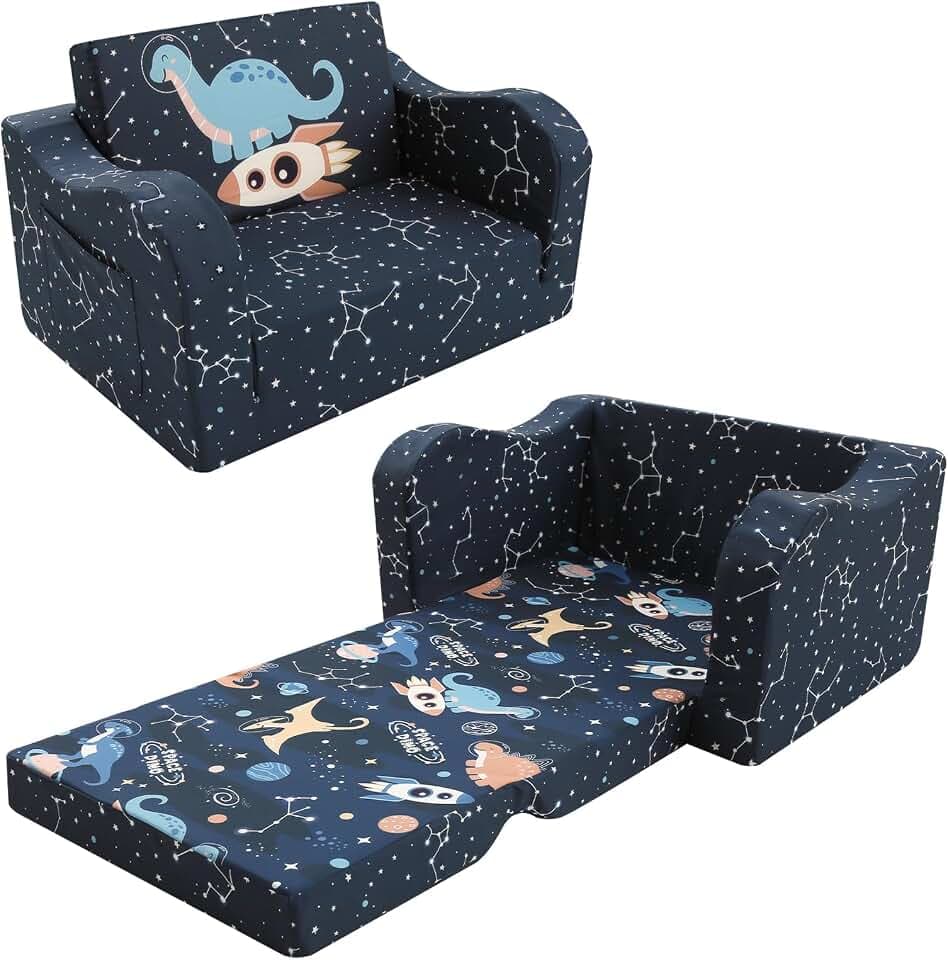 MeMoreCool Kids Couch, 2-in-1 Fold Out Sofa Chair, Side Pocket, Galaxy Star