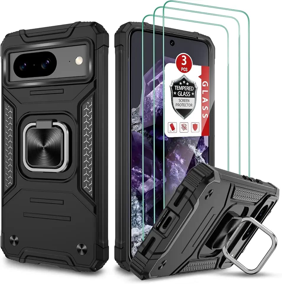 Case for Google Pixel 8, Pixel 8 Case with 3 Pcs Tempered Glass Screen Protector, Built in Magnetic Ring Kickstand Military-Grade Hard PC TPU Hybrid Shockproof Case for Pixel 8 6.2" - Black