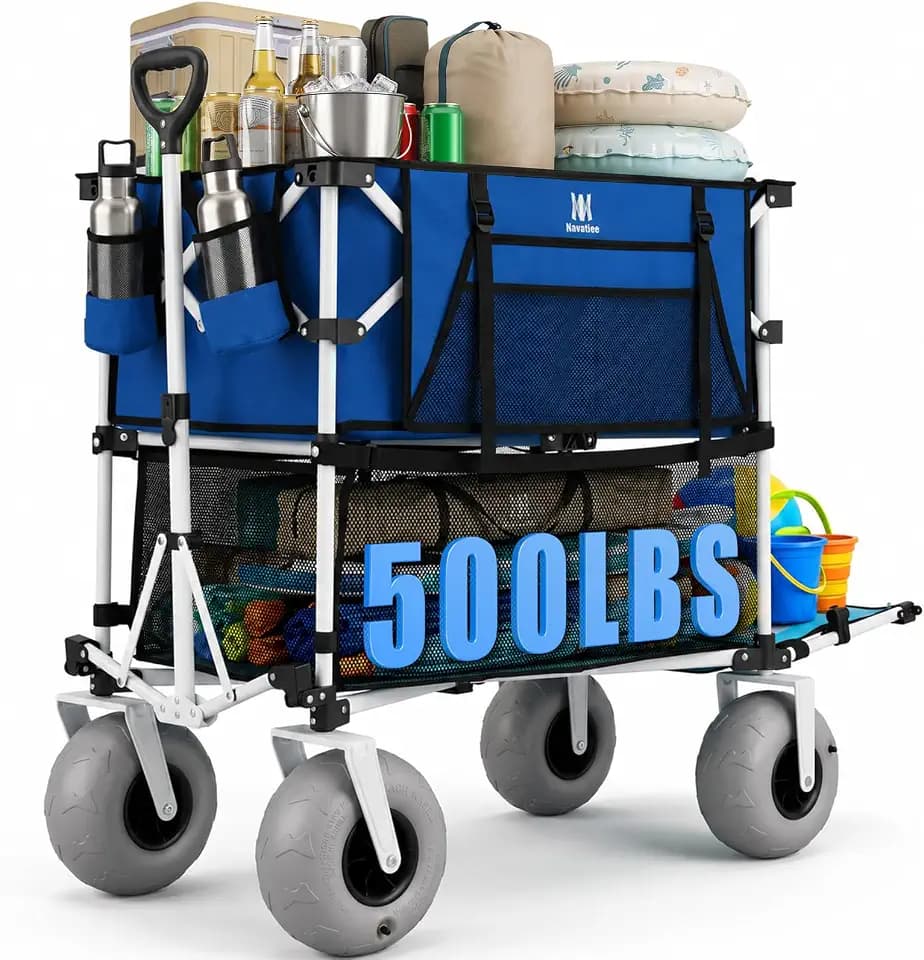 Navatiee 500Lbs Double Decker Wagon, 400L Large Capacity Heavy Duty Beach Cart with 9" Balloon Wheels for Sand, Folding Collapsible Wagon with Side Pocket for Beach, Sport, Camping, Blue