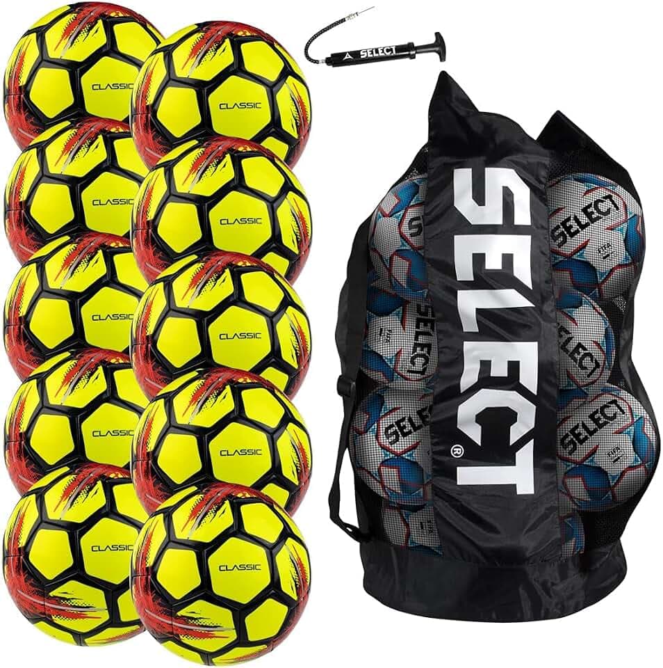 Select Classic Soccer Ball, 10-Ball Team Pack with Duffle Ball Bag and Ball Pump, Yellow V21, Size 3