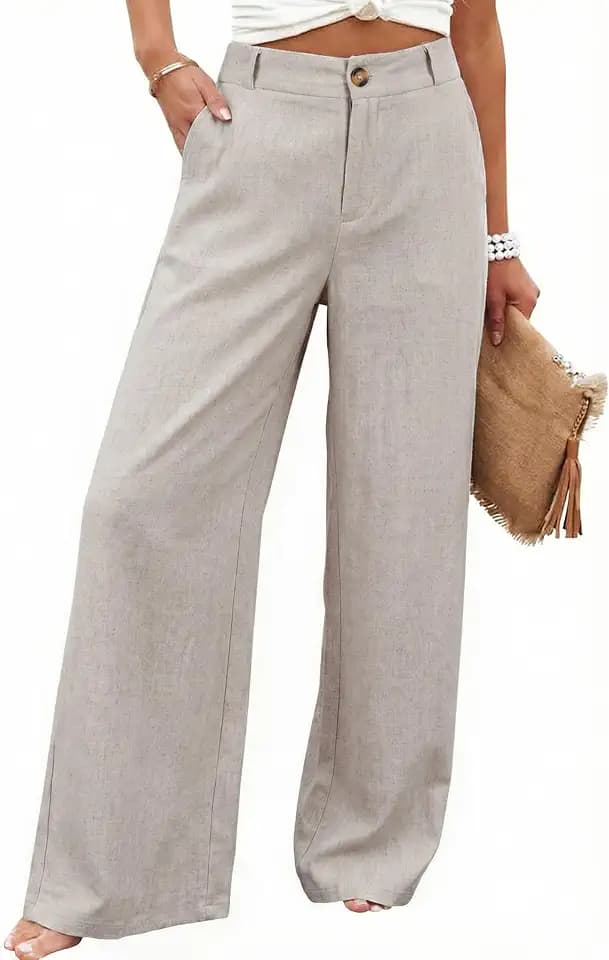 Hooever Womens Cotton Linen Pants Casual Button Up High Waisted Wide Leg Trousers