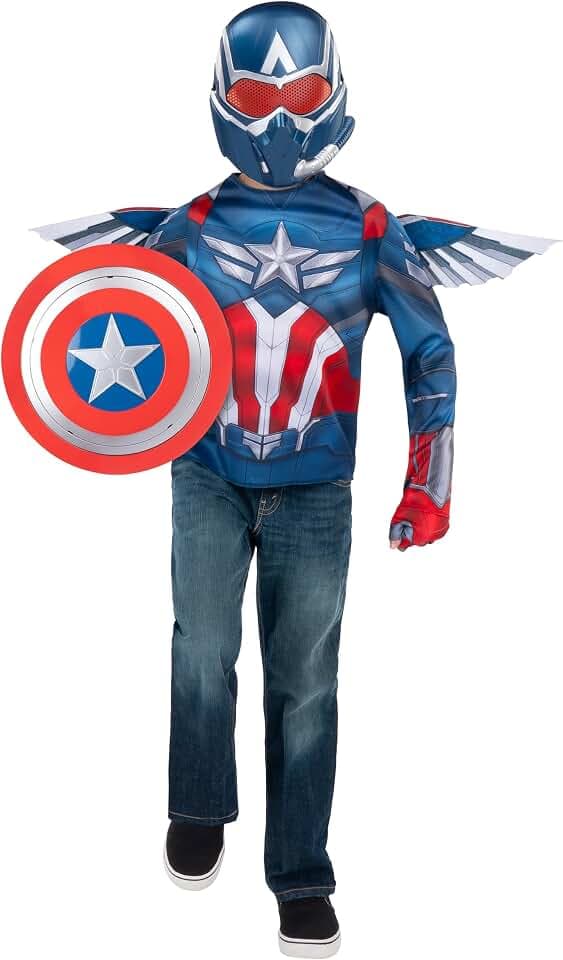 MARVEL Captain America Official Dress Up Trunk Set - Seven-Piece Set with Costume Top, Mask, Wings, Gloves, and Shield - Size S (4-7)