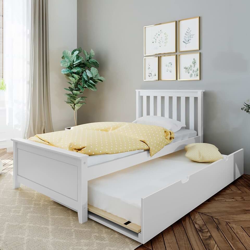 Max & Lily Twin Bed, Wood Bed Frame with Headboard for Kids with Trundle, Slatted, White