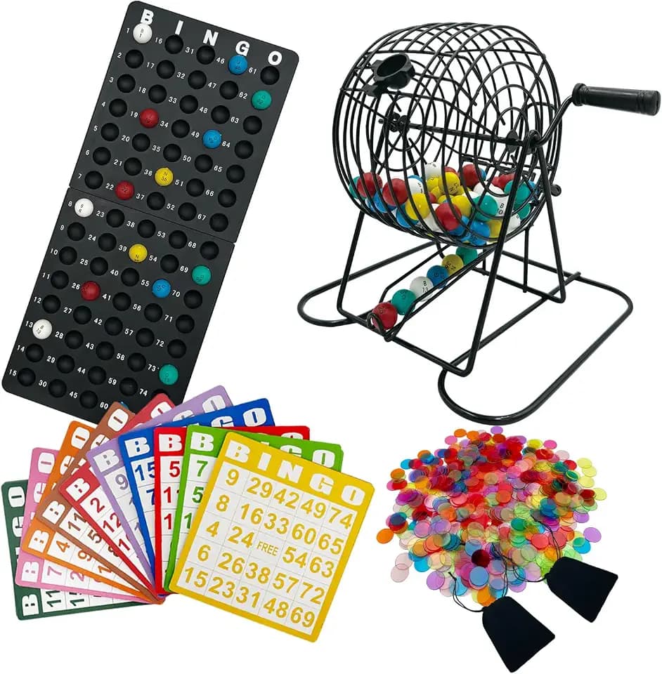 SUTIMSHE Deluxe Bingo Game Set,Bingo Set Includes Metal Cage,600 Mixed Color Plastic Chips,100 Large Cards,75 Bingo Balls,Plastic Masterboard, 2 Velvet Bag,Great for Adults Large Group and Parties